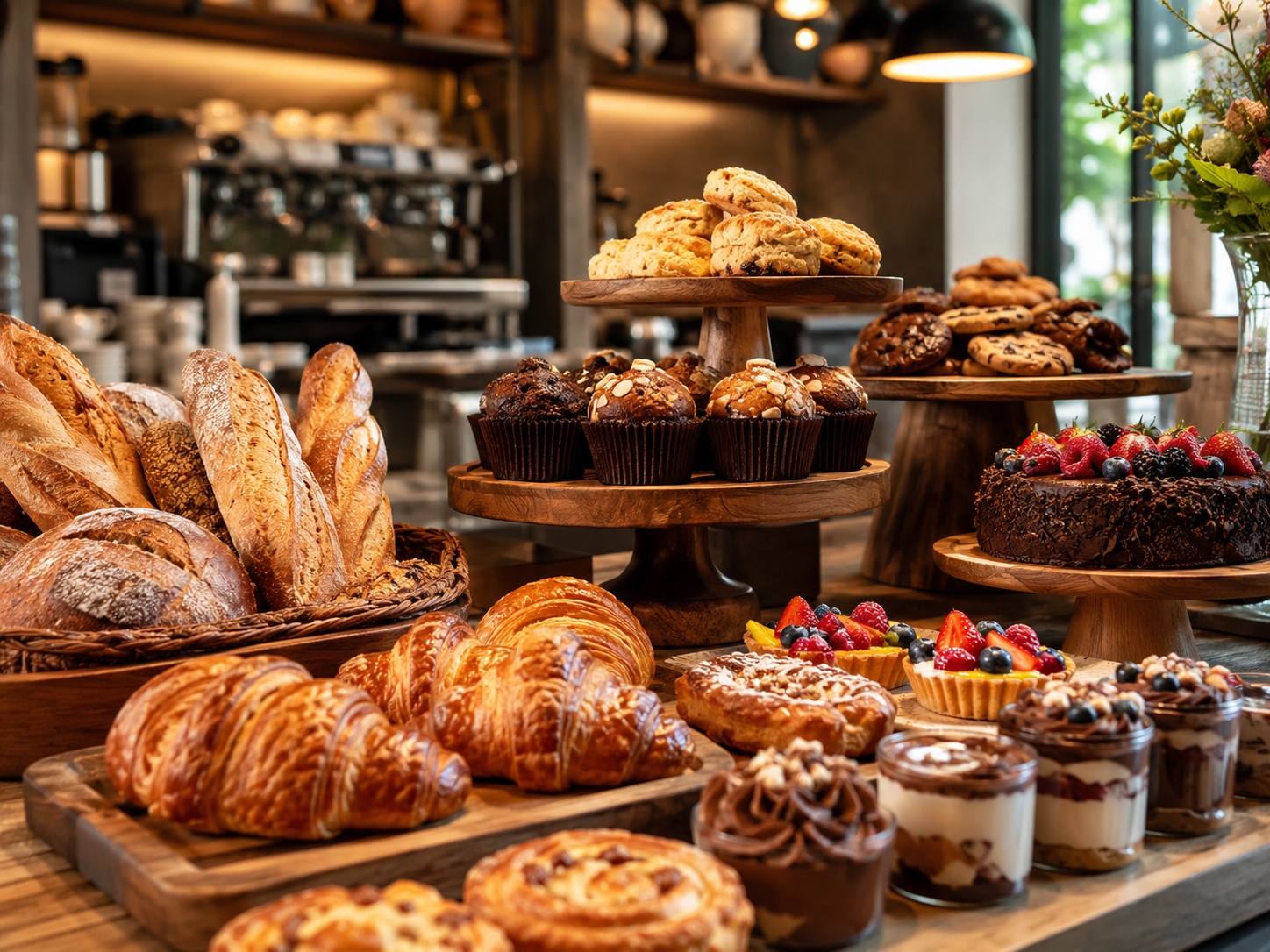 Warm café counter displaying pastries and desserts ready for service