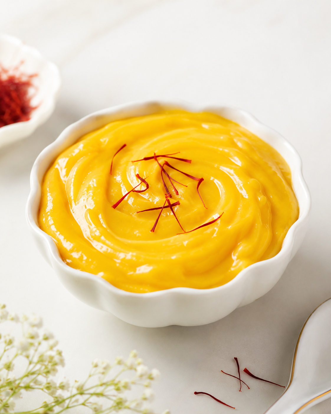 Golden saffron infused sauce being drizzled over a plated dessert