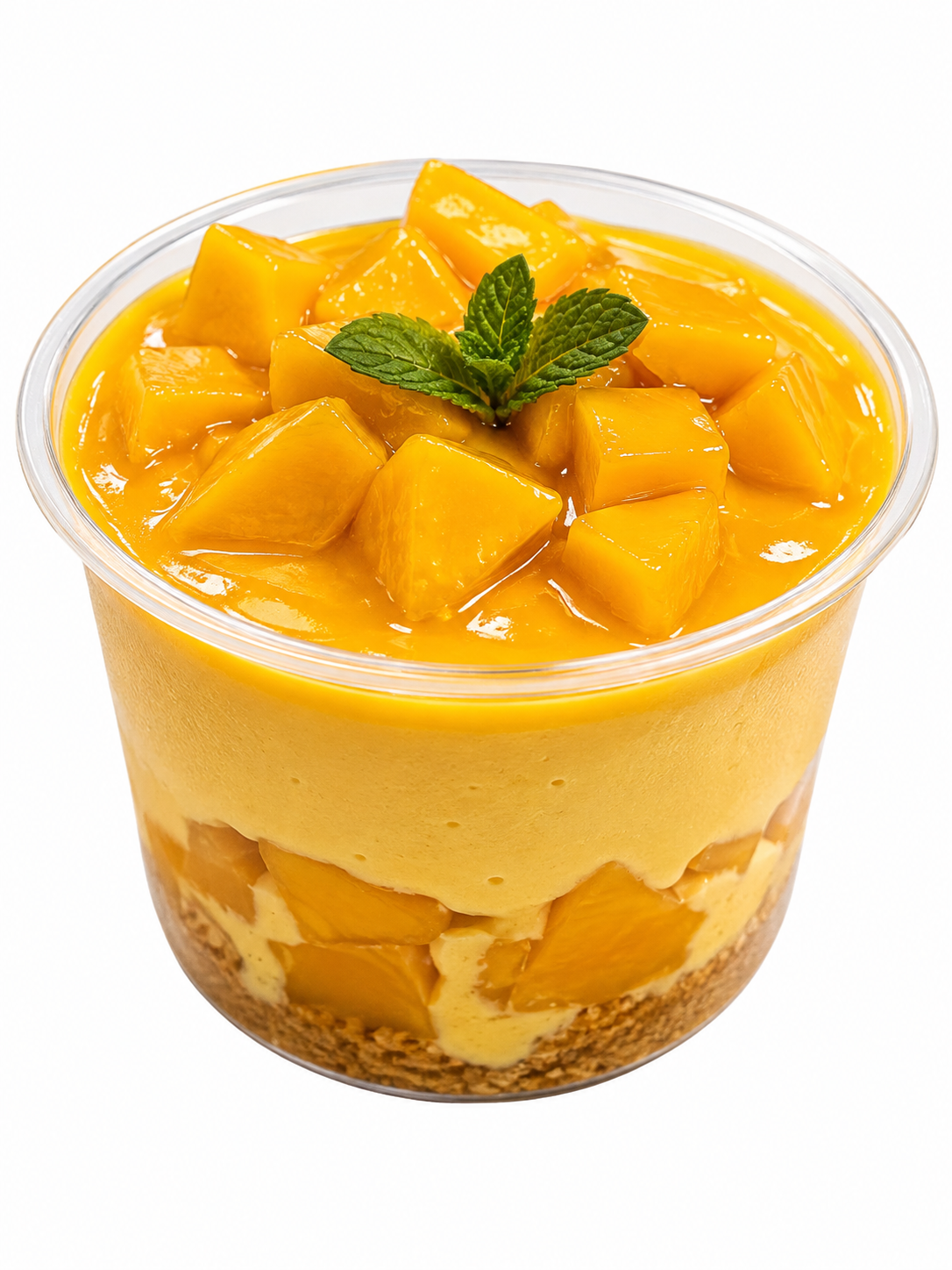 Mango pudding layered with cream in individual serving jars